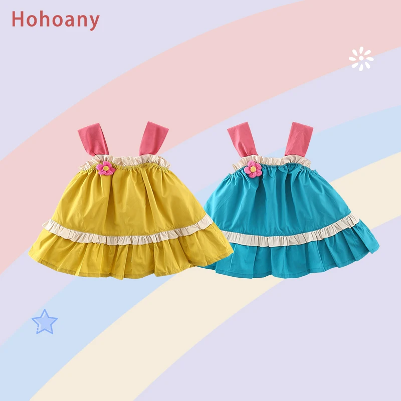 Hohoany Solid Color Flower Kids Costume Summer Baby Girl Sling Dresses Casual Loose Toddler Children Clothes 0 to 3 Years Old