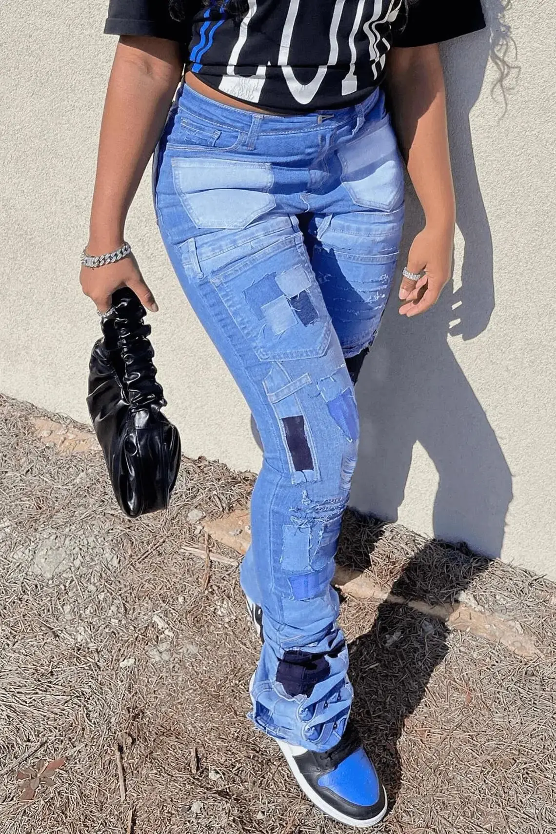 

Patchwork Fake Denim Print Pants Sexy Women Casual High Waist Slim Elastic Pencil Pants