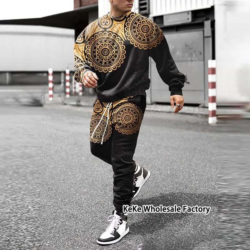 New Fashion Men's 2-Piece Tracksuits Design Style Streetwear Lattice Printed Set Long Sleeve Suit Summer Casual Trousers Outfits
