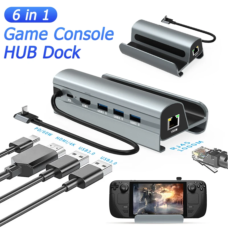

6 в 1 внешний разветвитель адаптер Type-C зарядное устройство Многофункциональный видеоконвертер RJ45 PD60W HDMI-совместимый USB3.0 для паровой колоды