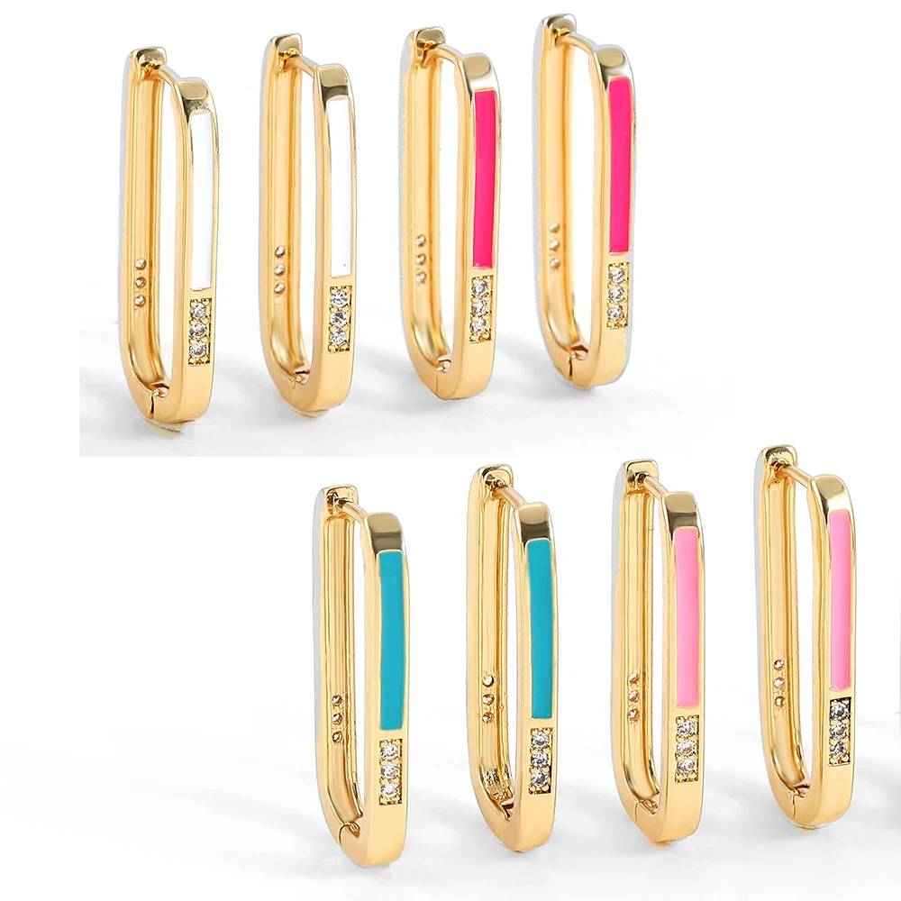 

Multicolor Geometric Square CZ Zircon Circle Hoop Earrings for Women Enamel Gold Metal Ear Buckle Huggies Female Jewelry