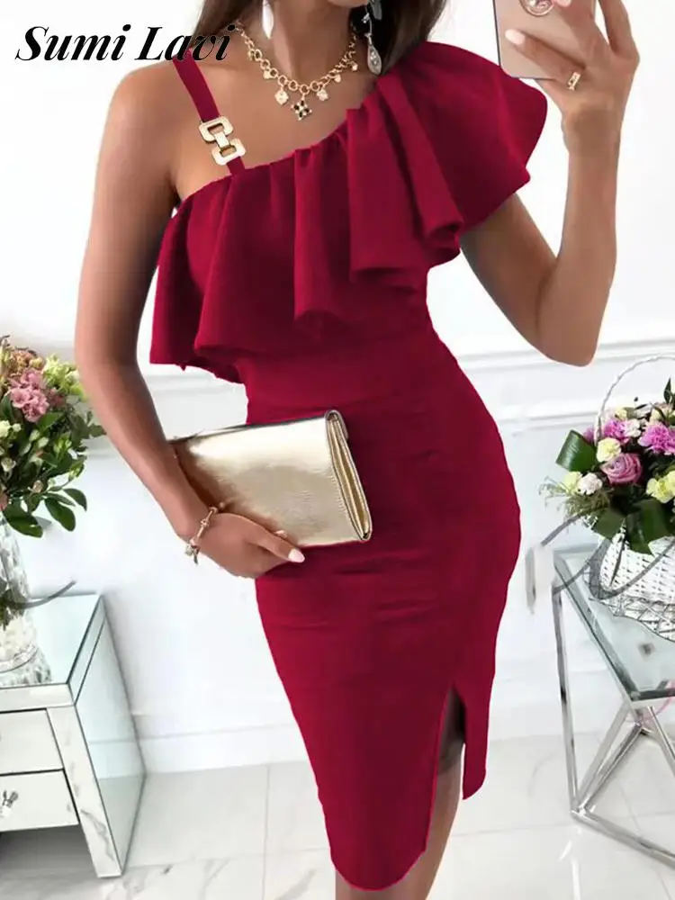 

Elegant Metal Button Single Strap Midi Dress Summer Diagonal Collar Ruffles Slim Dress Women Print Bodycon Hip Wrap Split Dress