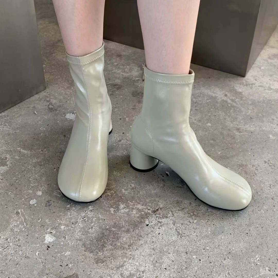 

Round Toe Women Ankle Boots Cute Round High Heels Black Beige Green Sock Booties Back Strap Solid Colors Fashion 2022 News