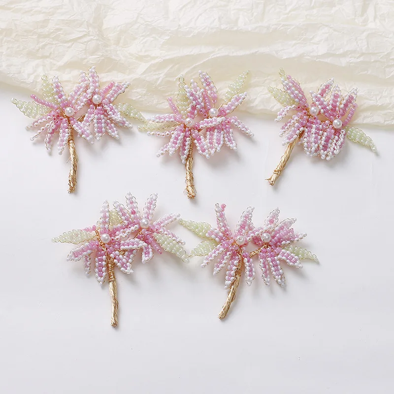 

1pcs Hyunya Luxury Double Flower Green Leaf Pearl Flower diy Hand woven Beaded Hairpin Hair Ornament Earrings Material Wholesale