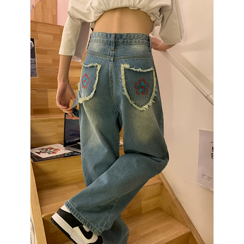 Fashion Denim Wide Leg Vintage Baggy Blue Women's Jeans Straight y2k Loose High Waist Trousers Flower Printing Streetwear Pants