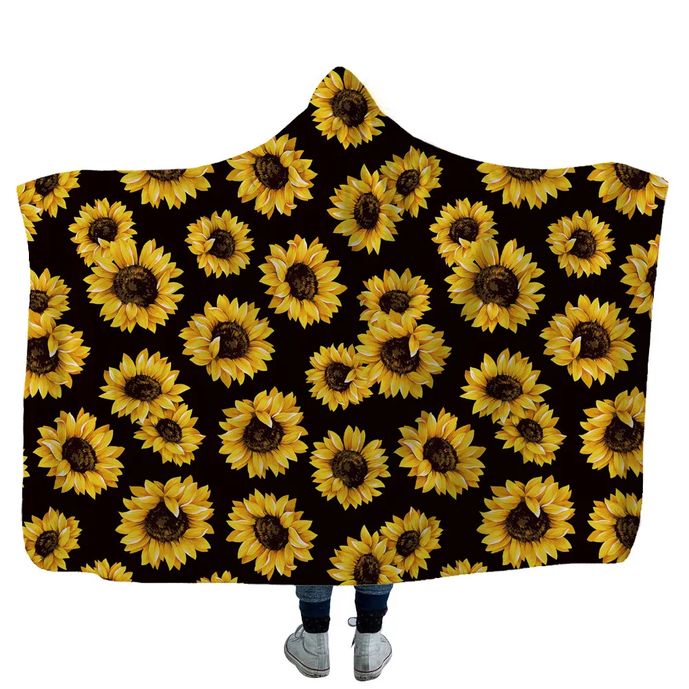 

Sunflower 3D Printed Lazy Blanket Cape Fuzzy Warm Throws for Winter Bedding Soft Fleece Hooded Blanket Sherpa Wearable Blanket