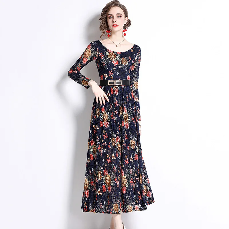 

New 2022 Autumn Women Lace Long Dress Fashion O-Neck High Waist Print Vintage Evening Party Dress Vestidos