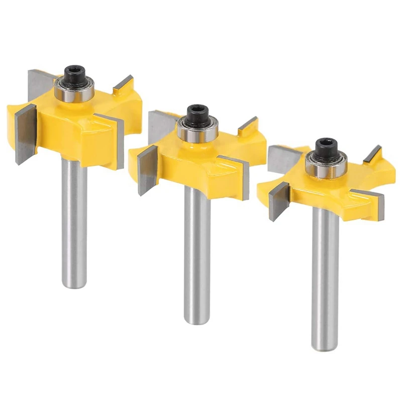 

3Pcs 1/4 Inch Shank 4-Wings Rabbet Router Bit Set Slot Cutter with Bearings Cutting Width Rabbeting Bit