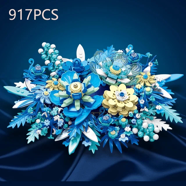 

917PCS Preserved Flower Bouquet Building Blocks Fantasy Blue Flowers Assembe Model Bricks Toys Creative Home Decor Children Gift