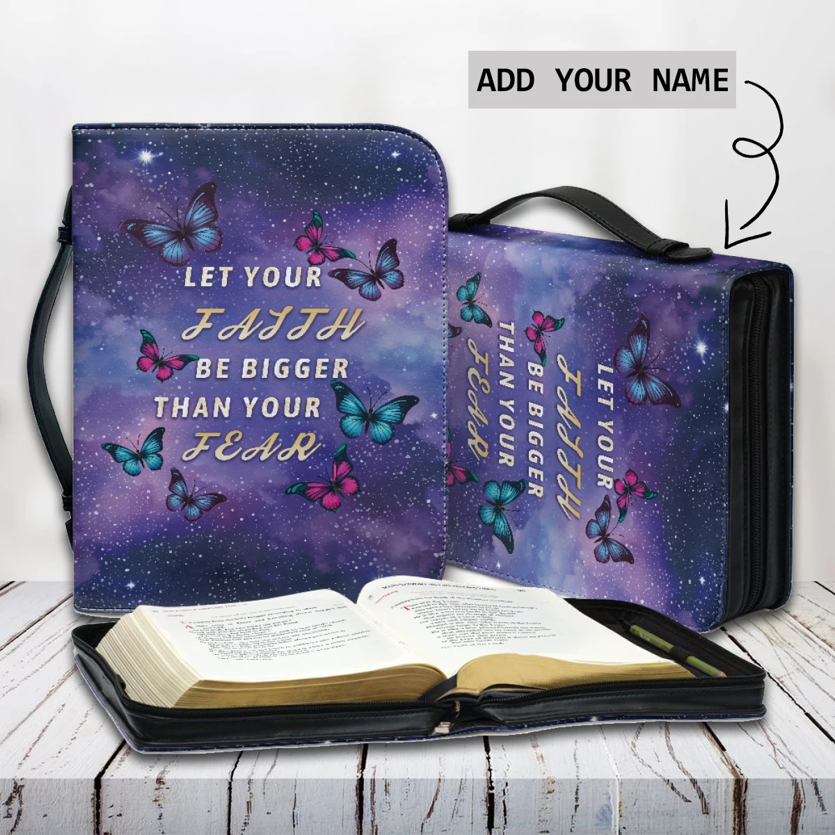 Purple Galaxy Butterflies Bible Hymn Print Women's PU Leather Bible Cover Case Daily Christian Bags for Ladies Customized Bags