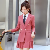 high quality womens suit skirt two piece suit 2022 new autumn double breasted ladies jacket high waist pleated skirt