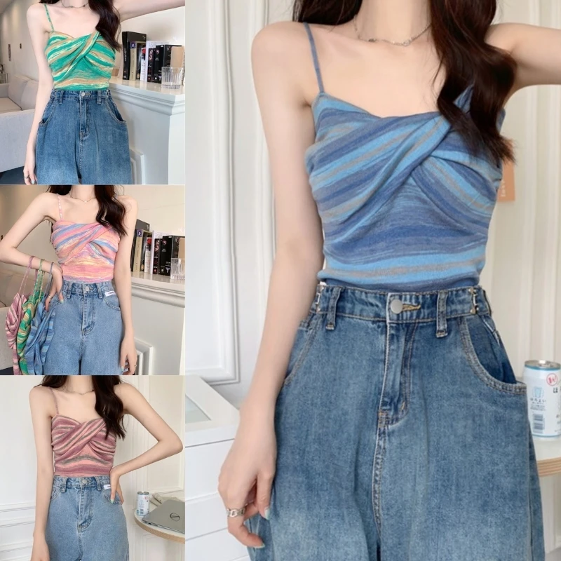 

Women Summer Sexy Twist Front Camisole French Style Sleeveless Striped Crop Top 10CE