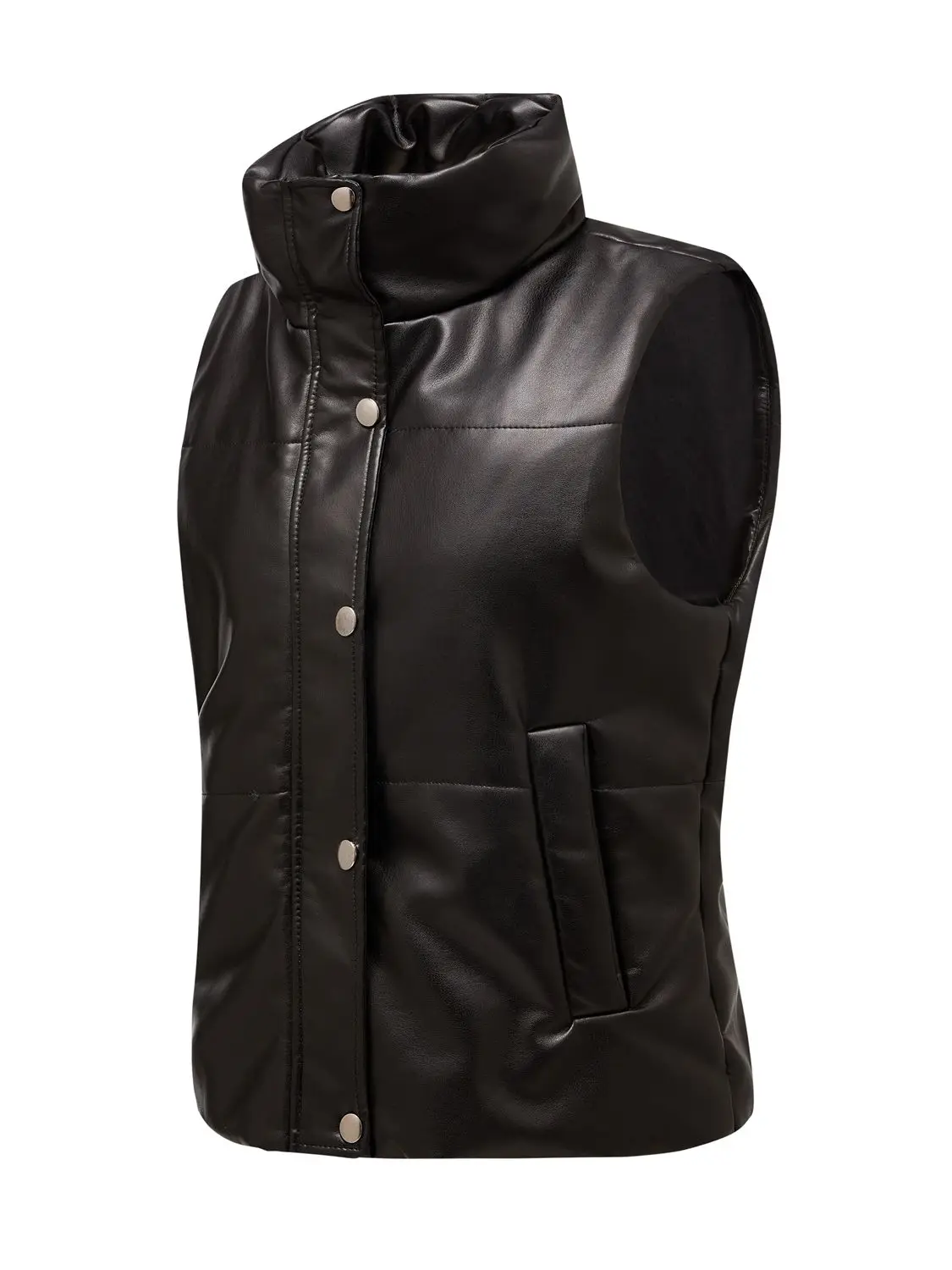 Fashion Women Stand Collar PU Leather Vests Cotton-Padded Faux Leather Coats Winter Female Short Waistcoats with Pockets