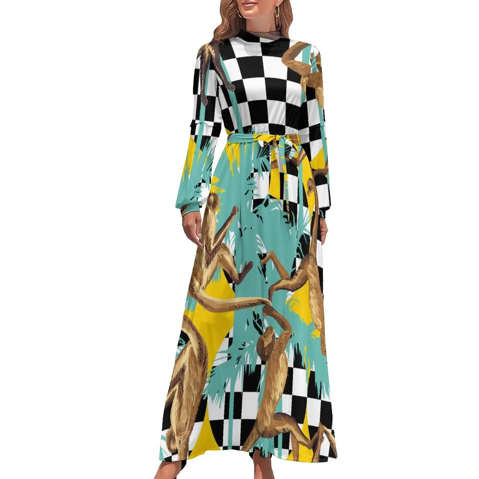 

Платье-макси с принтом обезьяны, уличная одежда в клетку, богемные женские платья с длинным рукавом, милое длинное черное белое платье с завышенной талией