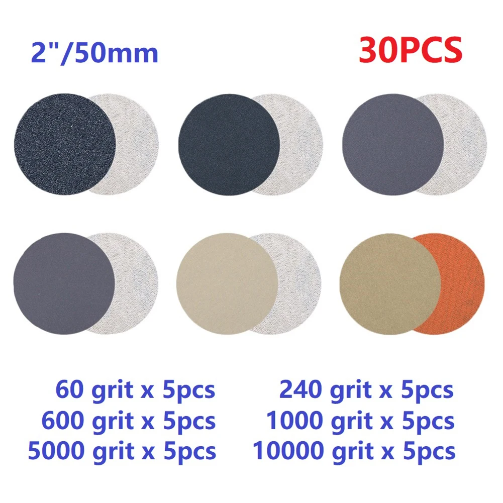 

30Pcs 2 Inch 50mm Wet/Dry Flocking Sandpaper Hook And Loop Round Sanding Disc 60-10000 Grit For Auto Polishing Sander Paper