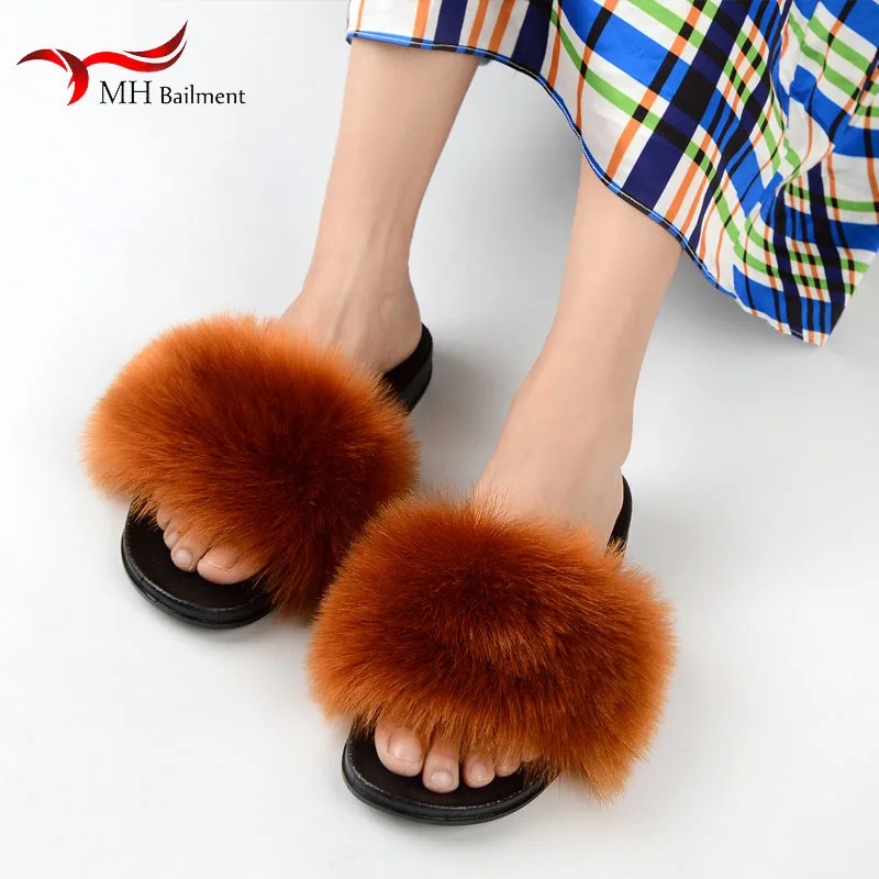 Fashion Summer Faux Fur Slippers Women Furry Slides Home Fluffy Flat House Floor Flip Flops Luxury Sandals Winter Warm Slippers