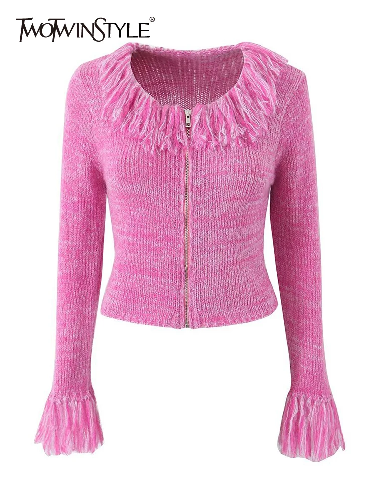 

TWOTWINSTYLE Spliced Tassel Casual Sweaters For Women Round Neck Long Sleeve Patchwork Zipper Slimming Sweater Female Clothing