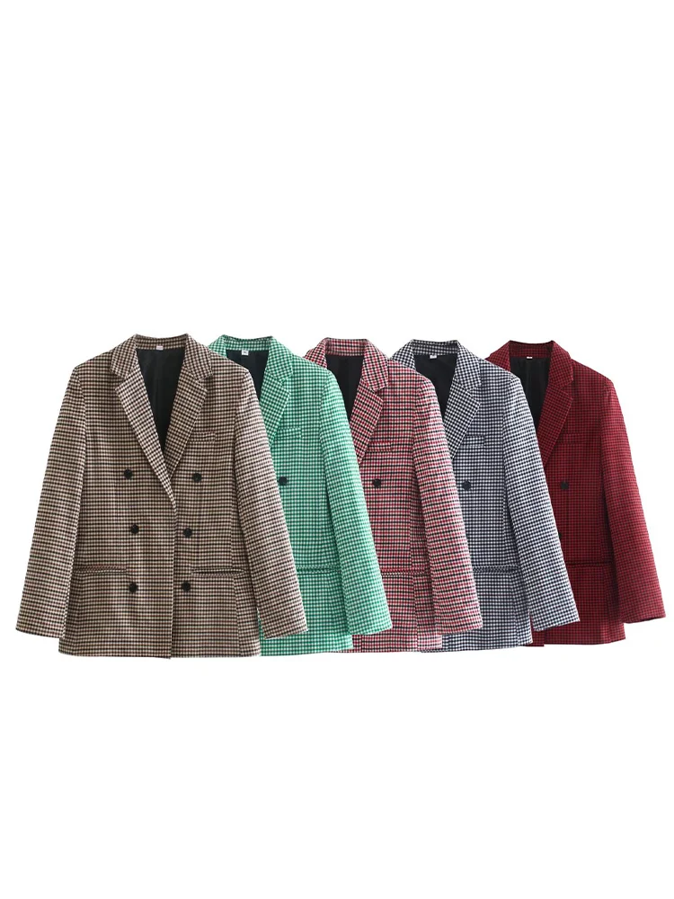 

Women Fashion With Pockets Plaid Double Breasted Blazer Vintage Notched Neck Long Sleeves Female Chic Lady Outfits