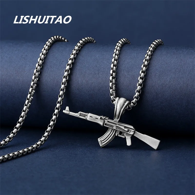 

Fine Craft Jewelry New Men's Fashion Titanium Steel Necklace AK47 Rifle Pendant Punk Hip Hop Women Necklace