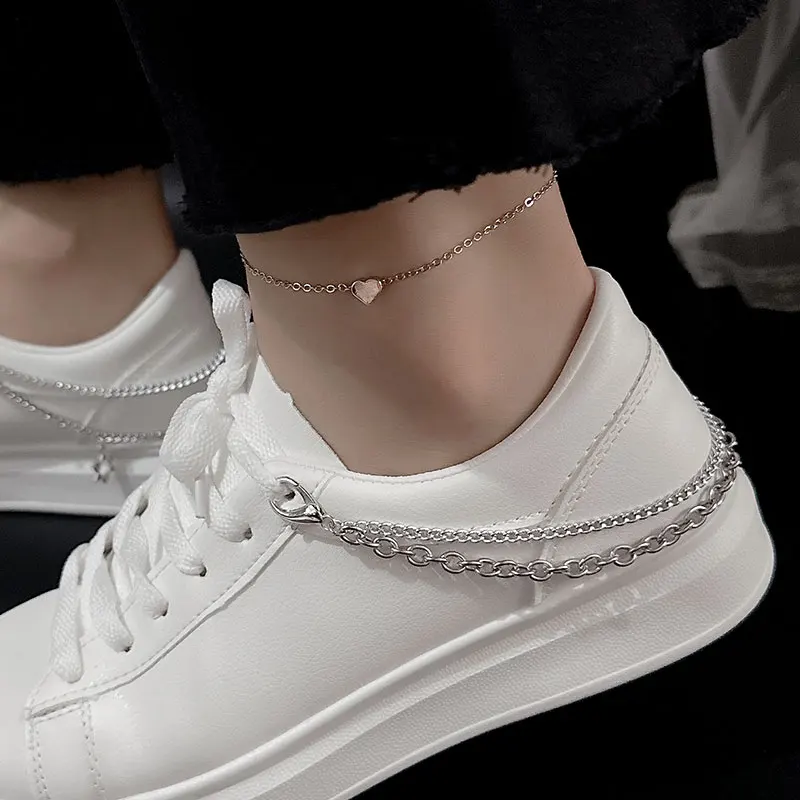 2PCS Stainless Steel Chains Double Layer Heart Charms Shoe Buckles Punk Creative Curb Link Chain Shoes Jewelry Accessories Gifts