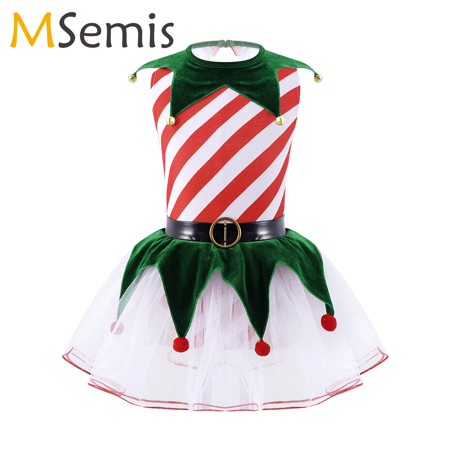 

Kids Girls Figure Skating Dress Ballet Dance Leotard Dress Sleeveless Stripes Bells Pom Pom Christmas Party Performance Costume
