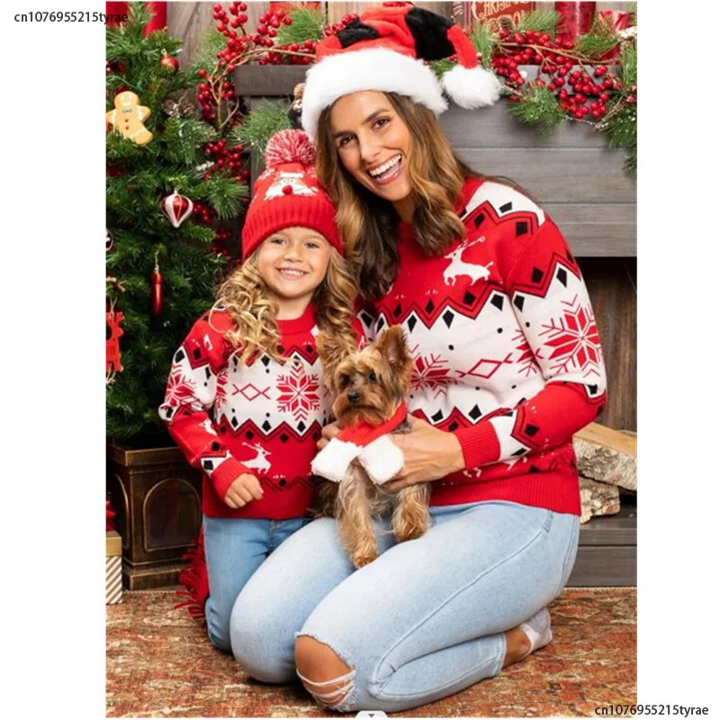 

Mommy and Me Clothes Christmas Sweaters Cartoon Cute Print Mom Daughter Matching Outfits Knitwear Warm Soft Jumpers Pullover Top