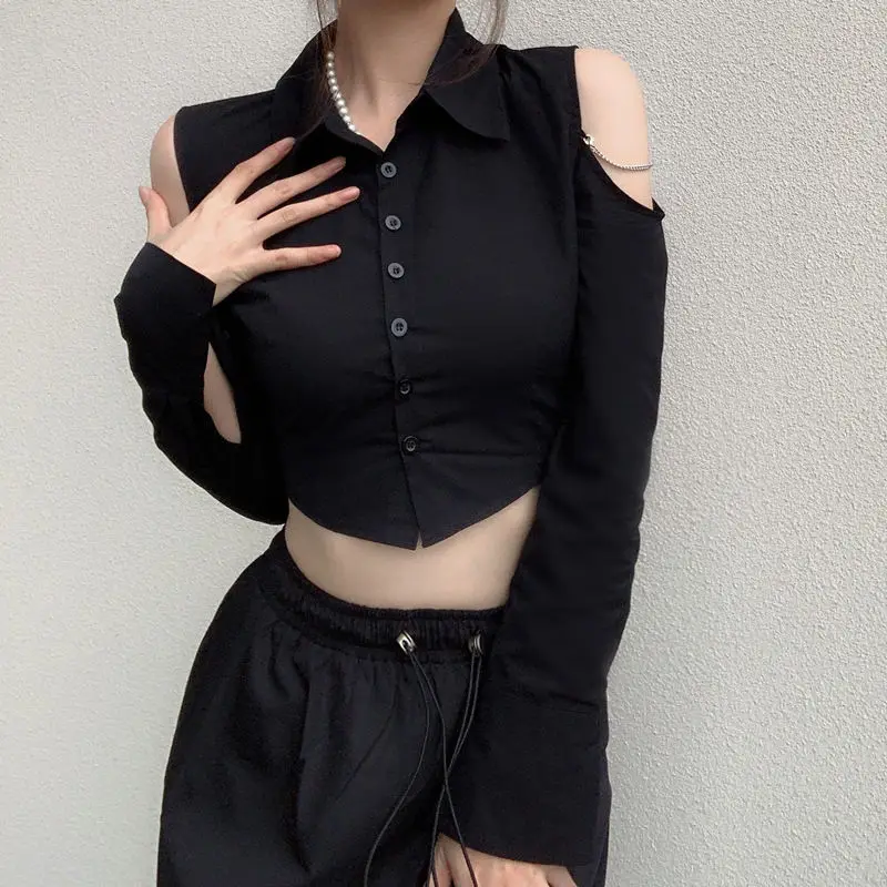 

Deeptown Black Women Blouses Off Shoulder Sexy Cropped Top Gothic Y2k Tunics Long Sleeve Shirts Harajuku Fashion Punk Goth Kpop
