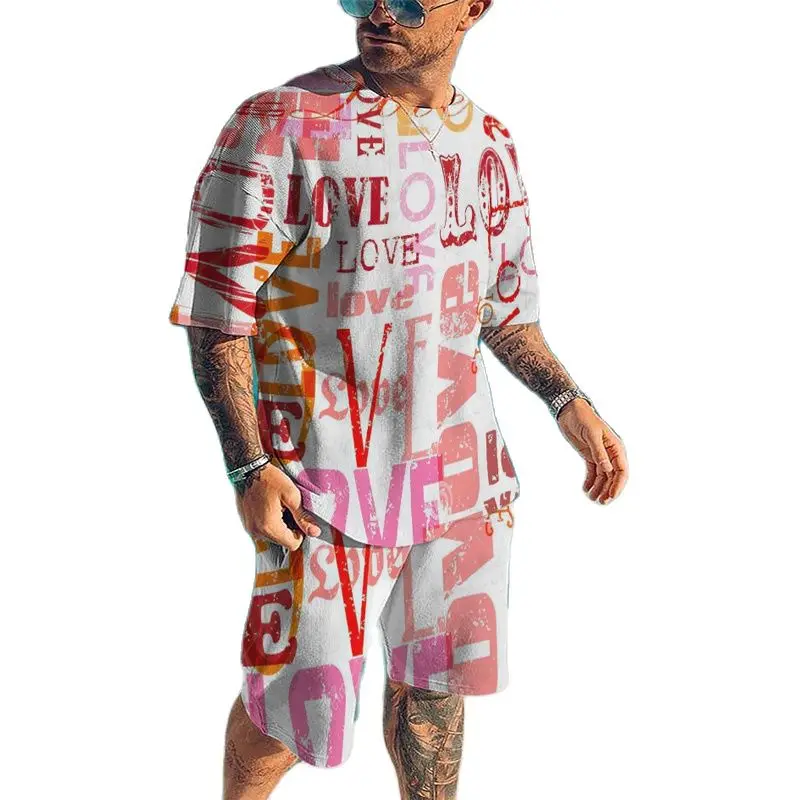 

Summer Men Doodle 3D Print Tracksuit Set O-Neck Short Sleeve T-Shirt Beach Shorts 2 Piece Set Sport Outfits Oversized Streetwear