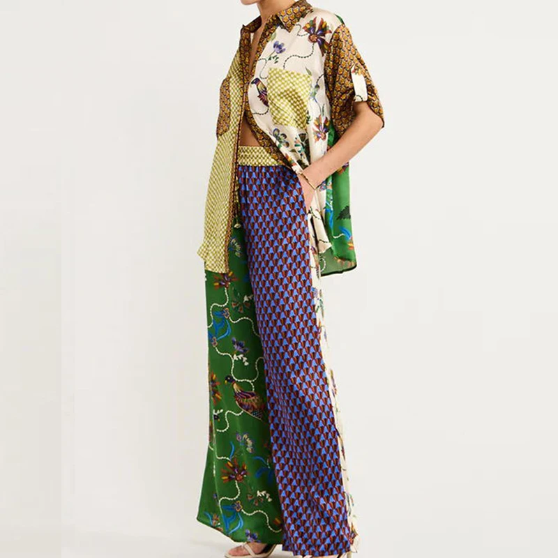 

2023 Fashion Printed Women's Two Piece Sets Casual Short Sleeve Shirt and Long Pants Beach Suits Summer Loose Homewear Outfits
