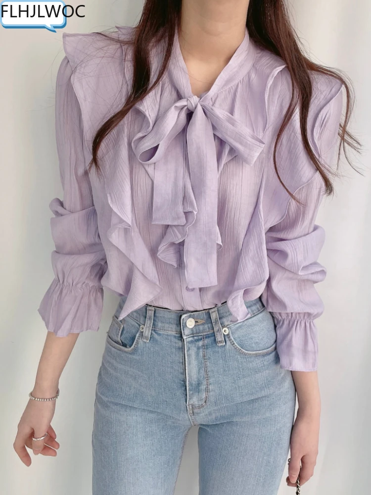 

2022 Woman Korea Chic Tops Blusas Bow Tie Office Lady Elegant Thin Sexy Transparent Button Shirts Flhjlwoc Fashion Women Blouse