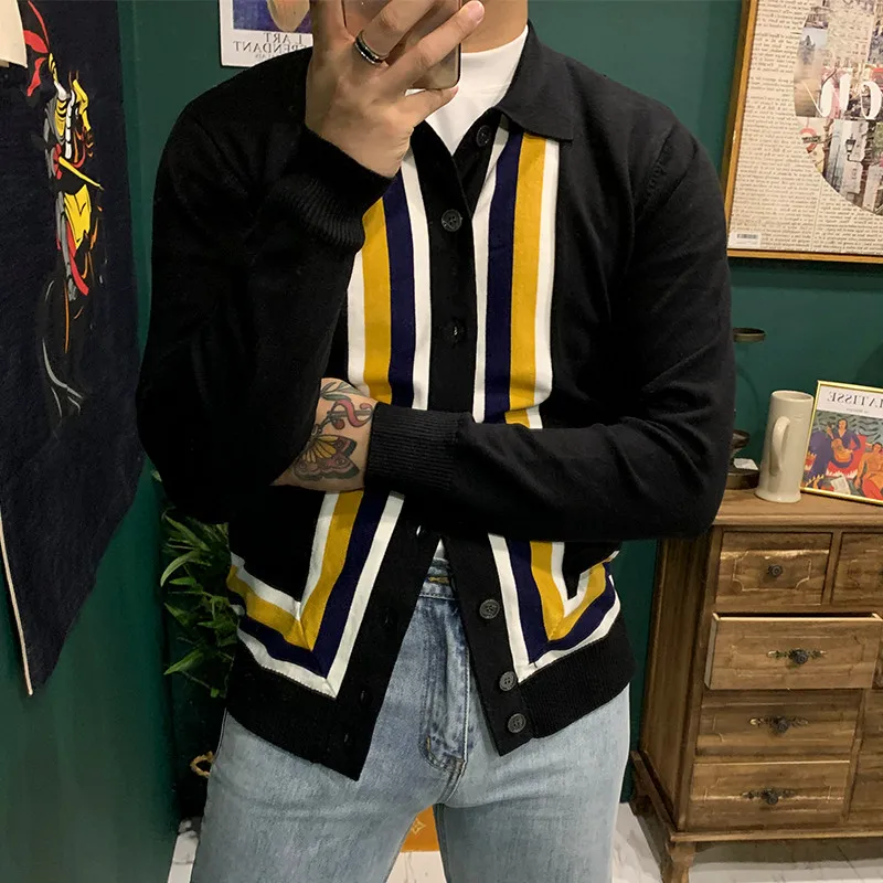 

2022 Men Autumn Winter Fashion Lapel Casual Sweater Jackets Male Long Sleeve Cardigan Coats Men Striped Knitted Overcoats U29