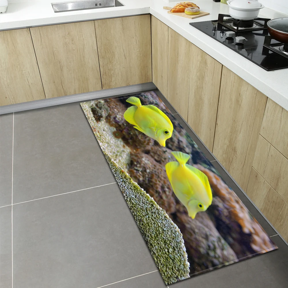 Ocean Multicolored Fish Print Kitchen Mat Antislip Washable Felt Carpet Rug for Living Room Aesthetic and Home Decor |