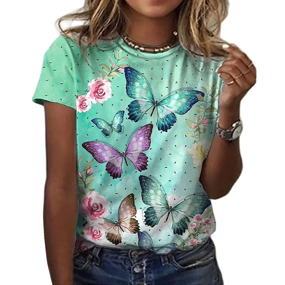 

Butterfly Print Casual Retro Ladies Summer New Style Clothing With Round Neck Ladies Street Fashion Women's Girls Tops