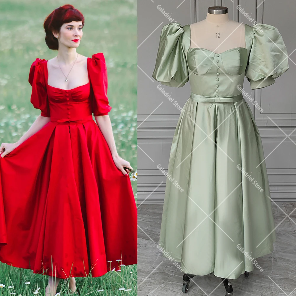 

Красное винтажное платье для отпуска с коротким рукавом-фонариком, сделанное на заказ однотонное атласное платье с низким вырезом, Пышные свадебные платья для танцев и церемоний