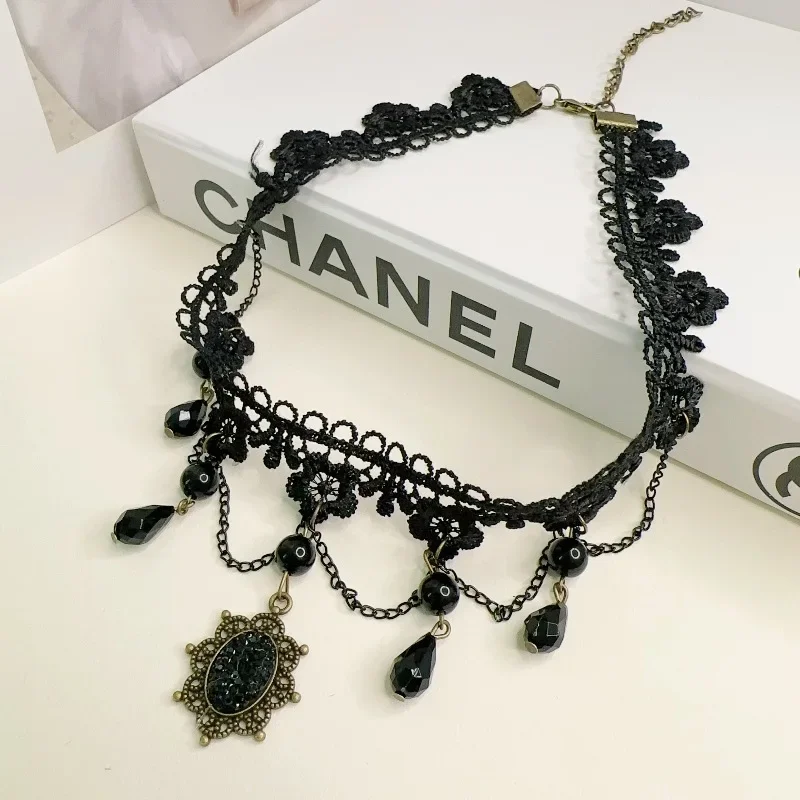 Винтажное классическое готическое кружевное колье для женщин черный кулон с