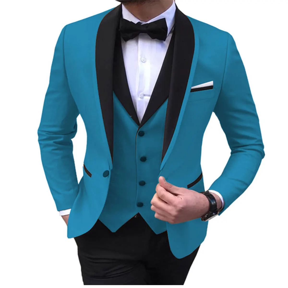 Blue Slit Mens Suits 3 Piece Black Shawl Lapel Casual Tuxedos for Wedding Groomsmen Suits Men 2022 (Blazer+Vest+Pant)