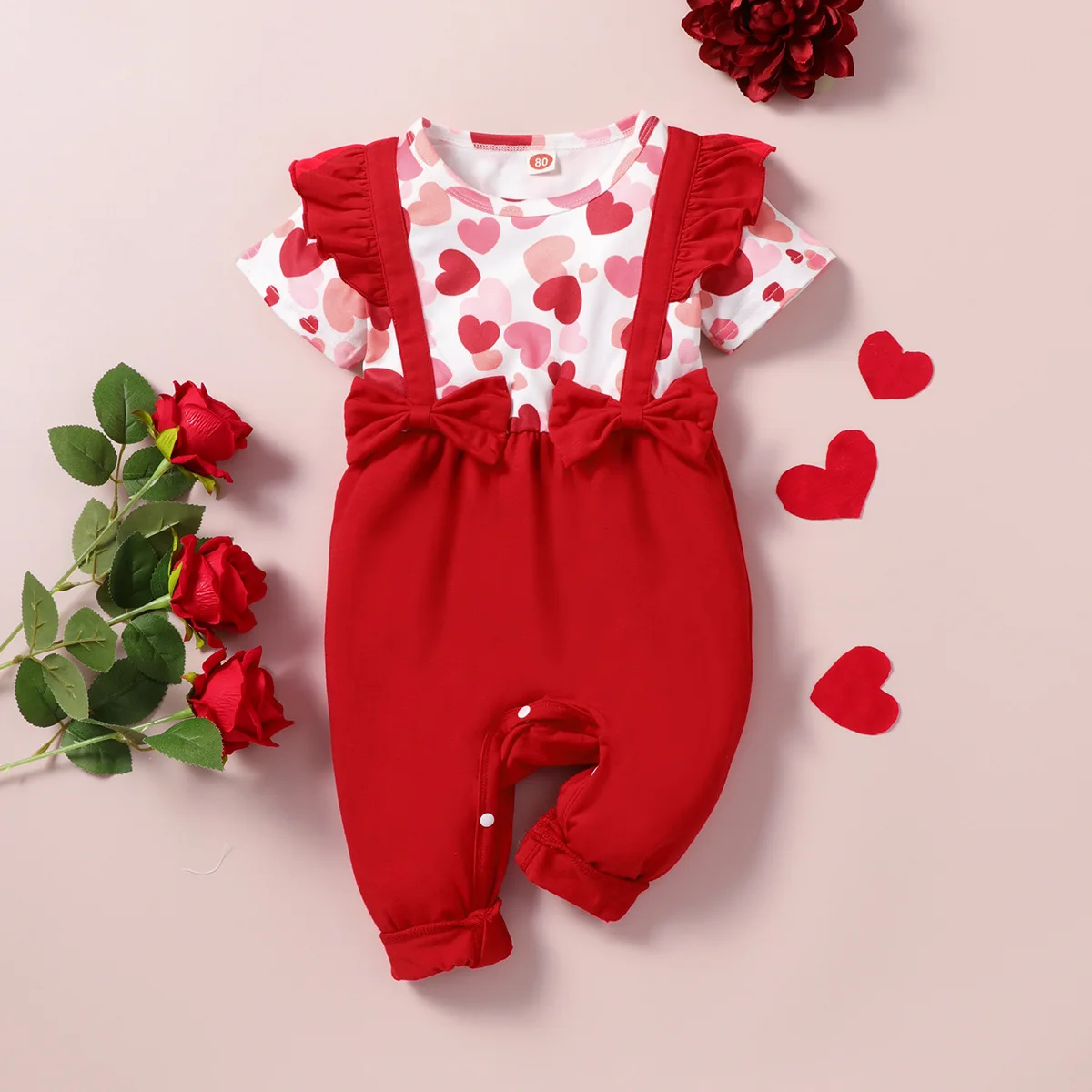 

Jumpsuit For Newborns Baby Girl Clothes Infant Bow Love Print Fake Two Pcs Romper Toddler Children Ruffle Bodysuit For Kids