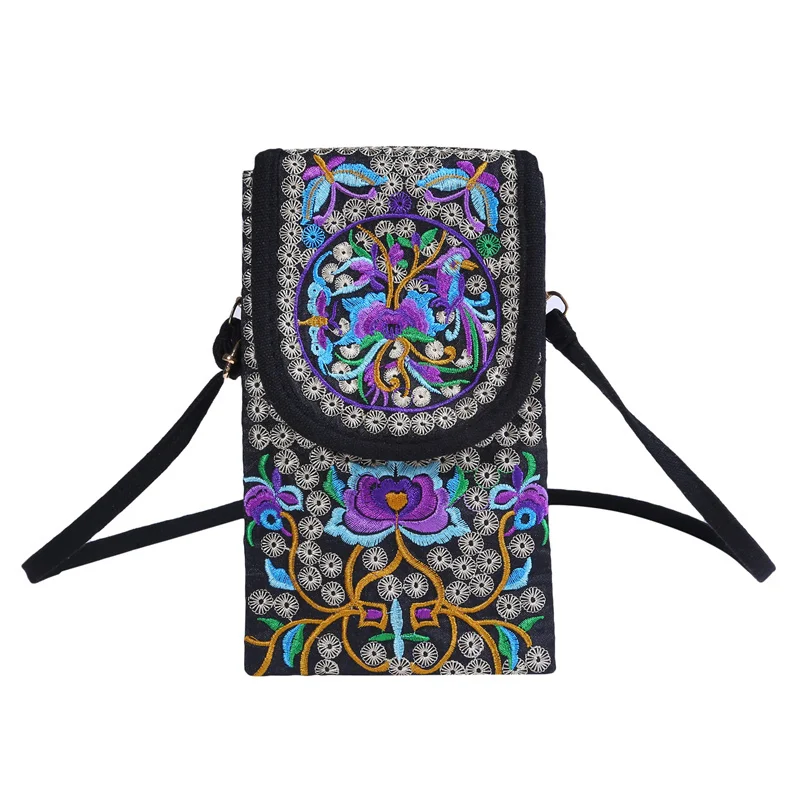 

Lady Cell Phone Bag Crossbody Shoulder Wallet Purse Handbag Pouch Ethnic Style Embroidered Bag Flip Canvas Bag Retro Small Bolsa