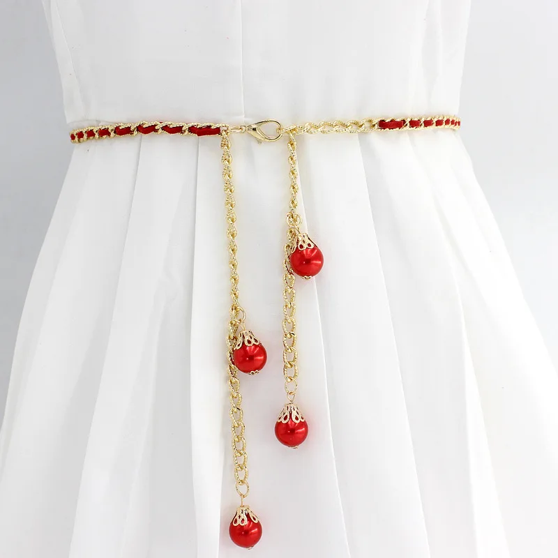 

Elegant Pearl Chain Belt Women's Decorative Dress Belts Fashion Gold Color Metal High Waist Body Chain Dress Lady Tassel Belt