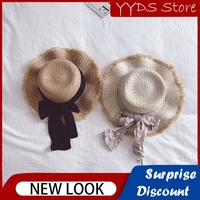 childrens sunshade straw hat pleated bow wavy raw edge flat top big brim sun protection hat panama beach straw sun hat