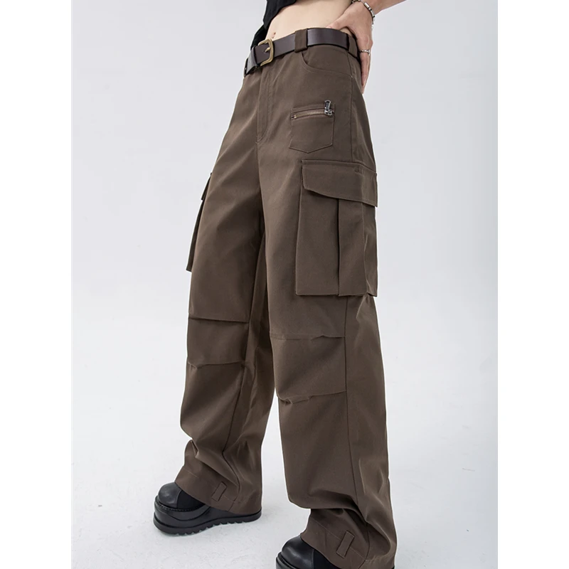 Summer Brown Overalls Jeans Women's Fashion Trousers Hip Hop High Waist Wide Leg Baggy Casual Cargo Straight Pants Streetwea