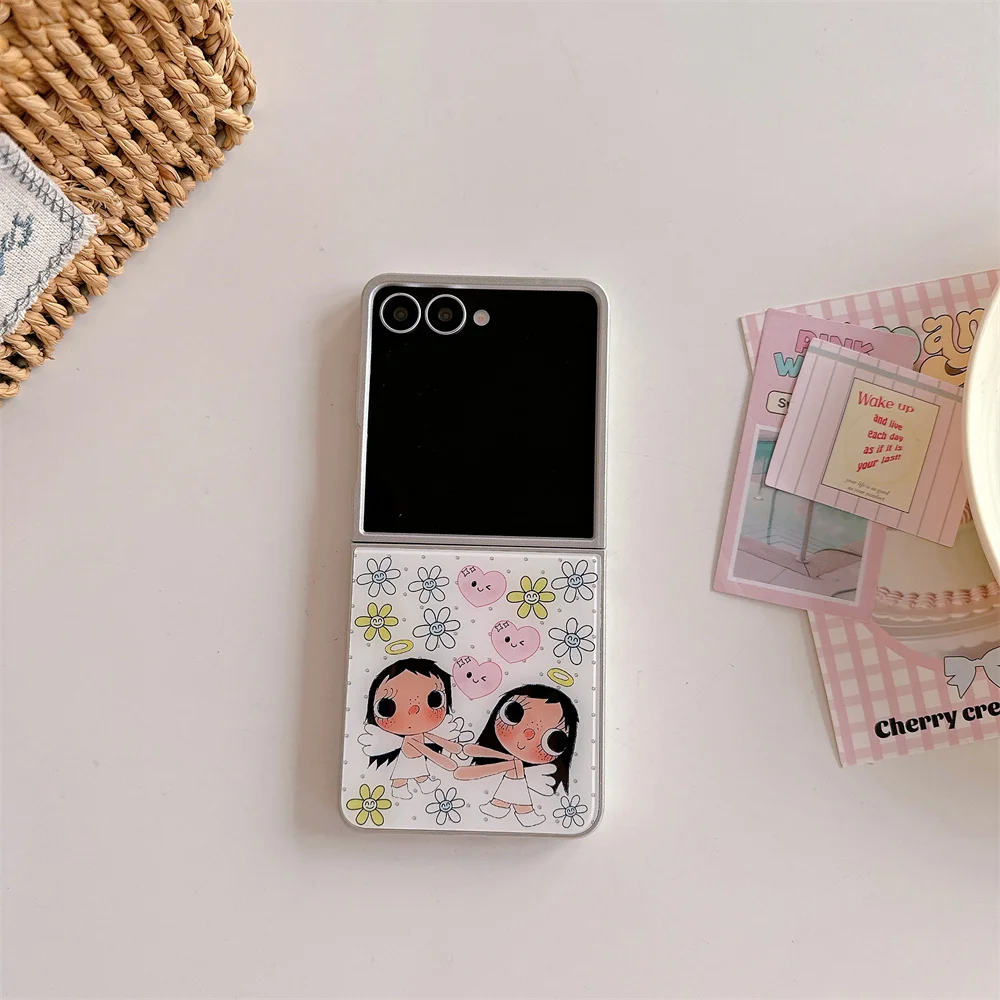 Фото Милый корейский чехол с цветами и мультяшной девочкой для Samsung Galaxy Z Flip7 7 FE Flip 7 6 5 Flip 5 6, противоударный, кавайный №3