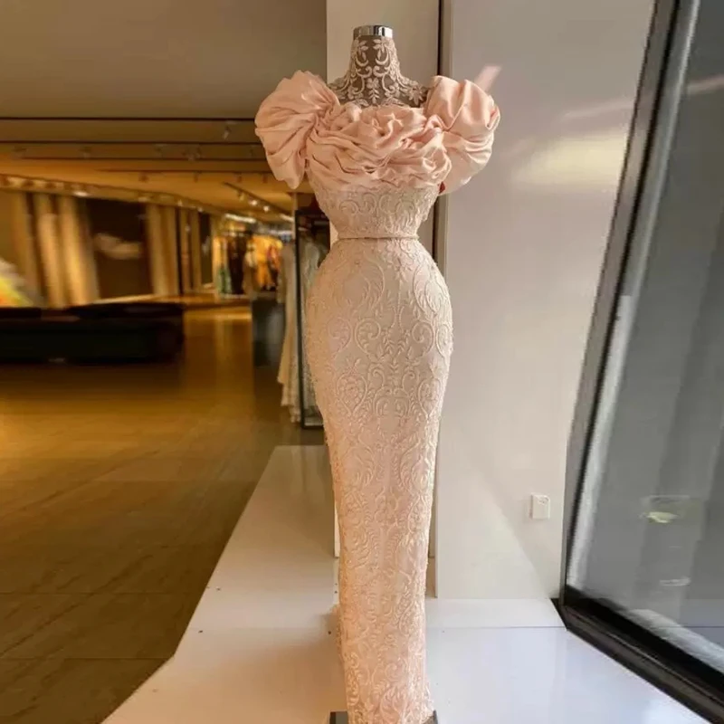 

Graceful Lace Sheath Evening Gowns Ruffles Satin Cap Sleeve Long Prom Dresses Saudi Arabia Formal Party Dress Robe De Soiree