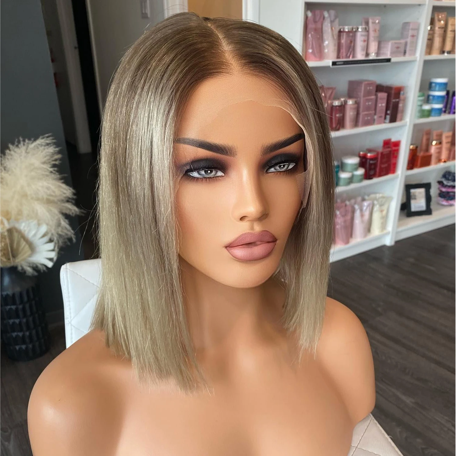 

Brazilian Virgin Human Hair Bob Wig Ash Blonde 13x4 Lace Front Wig Dark Roots Ombre Short Straight Wig for Women Glueless 150%
