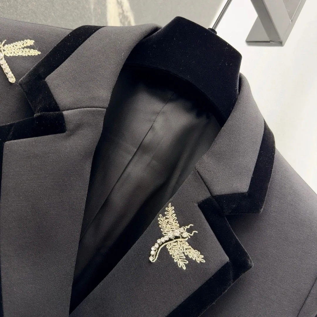 Женский новый роскошный однотонный черный блейзер с вышивкой двубортный пиджак