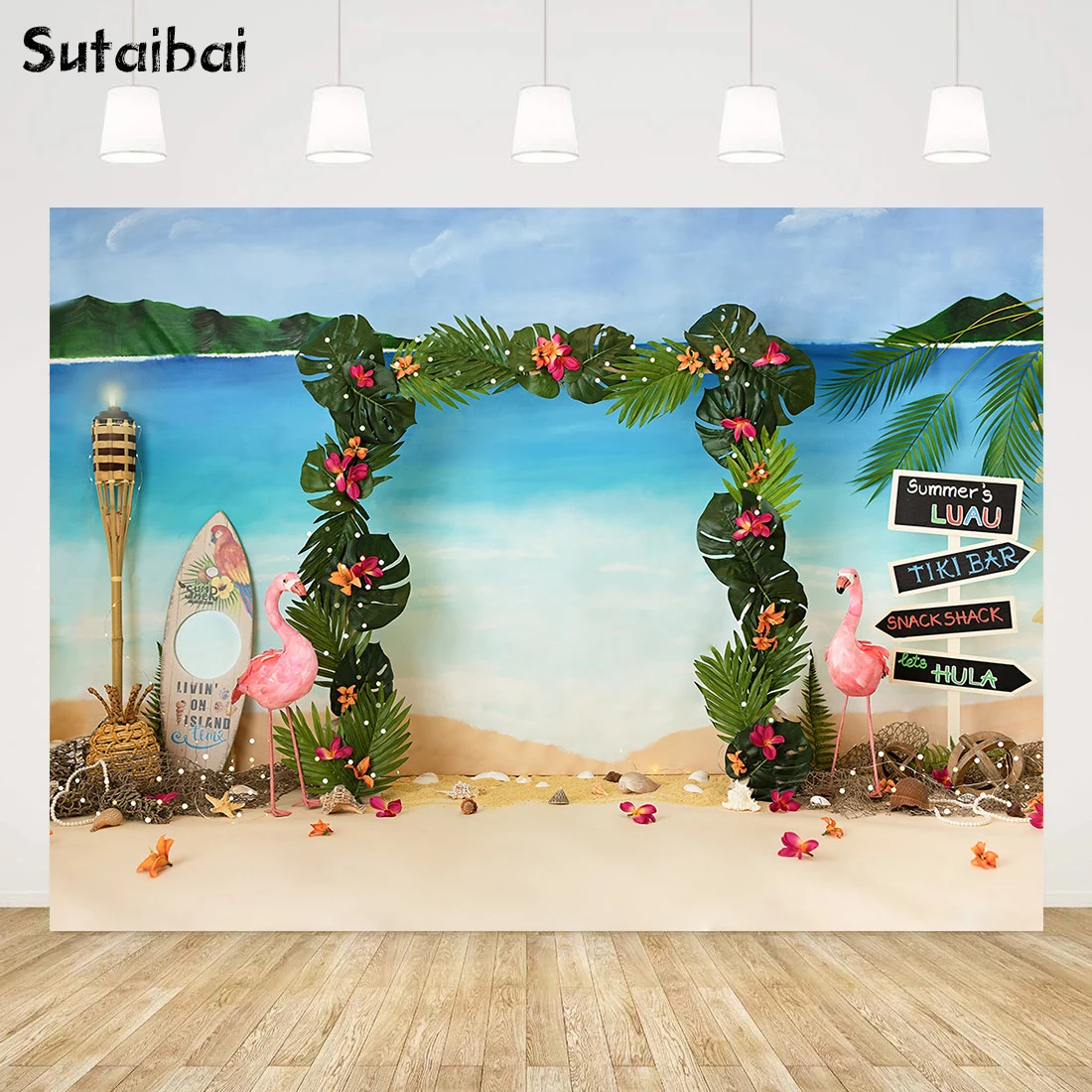 

Summer Tropical Flamingo Backdrops Sea Sand Beach Surfboard Background Hawaii Birthday Party Decor Child Cake Smash Photo Studio