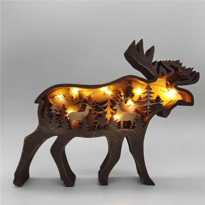 LED Night Light Wolf Bear Elk Wooden Table Ornament Kids Gifts Party Bedroom Decor Night Lamp Christmas Decoration for Home Wall
