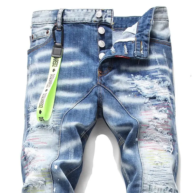 Mens Jeans Casual Long Pants Trouser Men's Fashion Casual Slim Denim Pants Biker Hole Hip Hop Elastic Jeans Fashion Streetwear