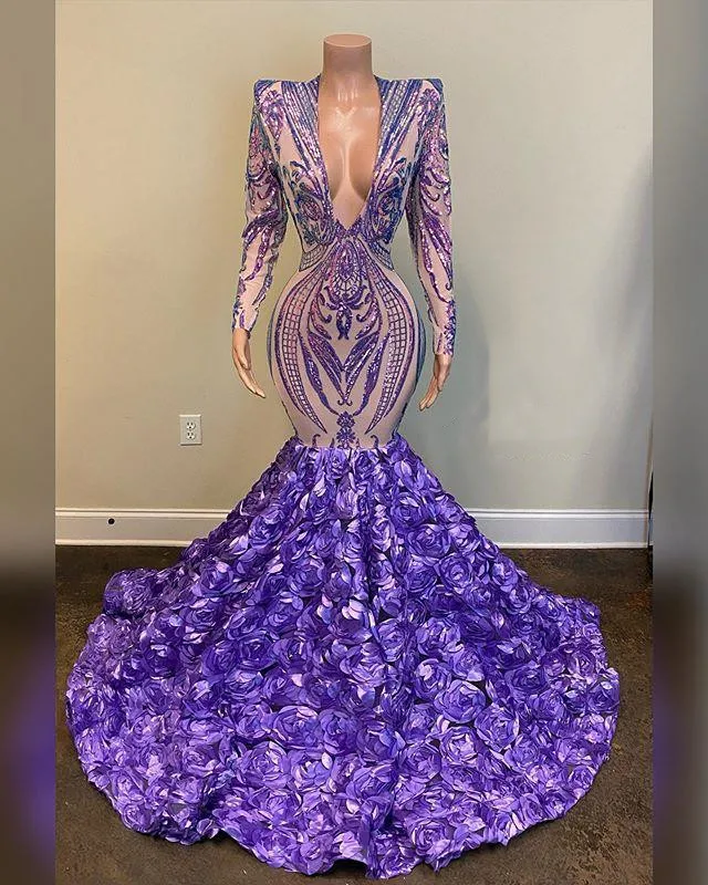 

Gorgeous Purple Mermaid Evening Pageant Dresses Real Image Long Sleeve Lace Sequins 3D Floral Prom Formal Gowns Robes Wear