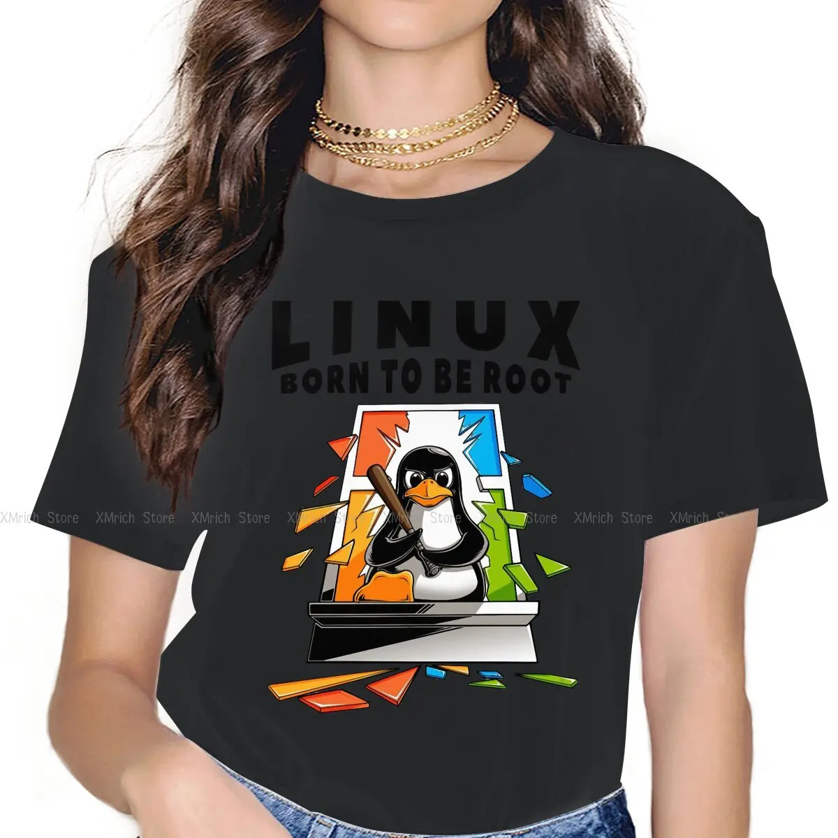 

Window Crash Illustration BLACK Women Clothes Linux Operating System Tux Penguin Oversized T-shirt Goth Vintage Female Blusas